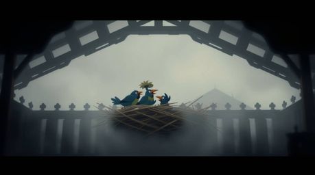 A captivating photograph showcases a detailed architectural scene enveloped in thick fog, adding an air of mystery and intrig