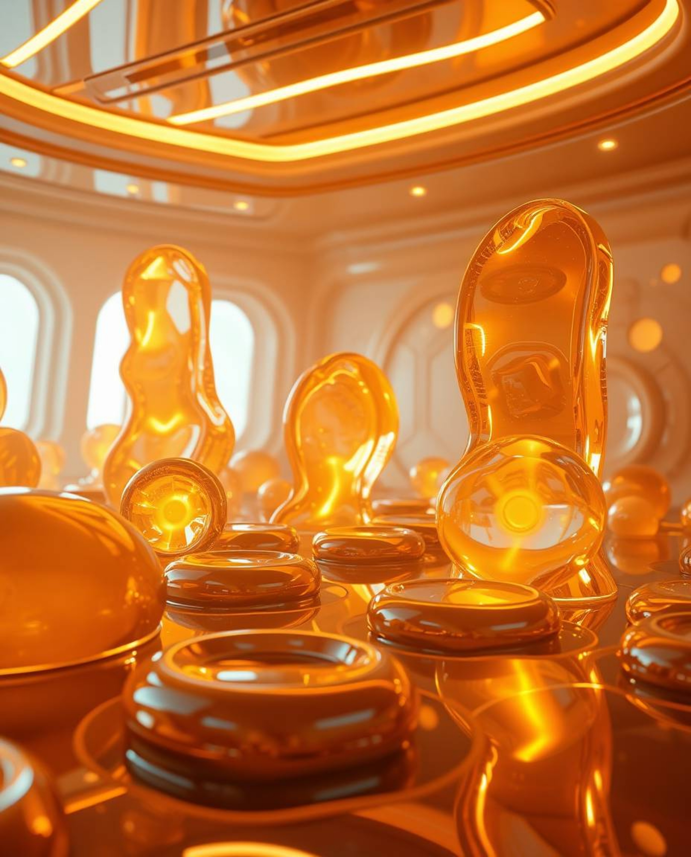 Explore a captivating surreal 3D rendering showcasing hyperrealistic melted glass shapes within a futuristic sci-fi environme