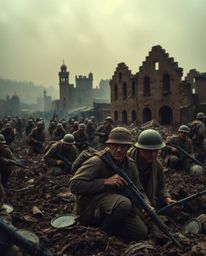 A warm, slightly dark photograph capturing a battlefield scene with time-warped soldiers and crumbling buildings. The image s