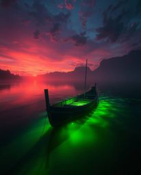 This is a surreal dreamscape depicting a boat drifting on a lake at sunset. The scene glows with vibrant, bioluminescent colo