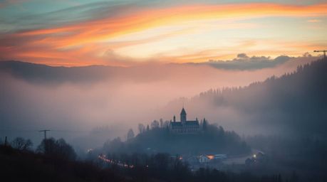 Capture the essence of a soft cinematic haze enveloping a cozy village nestled in a valley beneath a vibrant, colorful sky. T