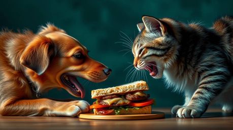 This dreamy photograph captures the chaotic yet charming scene of a dog and cat vying for a massive sandwich, rendered in ric