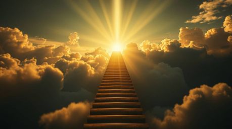 A breathtaking image depicts a golden staircase ascending through ethereal clouds towards a radiant heaven.  Sunlight pierces