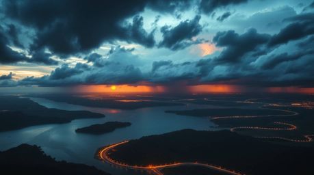 A captivating depiction of a river delta bathed in the warm glow of twilight, contrasted by a dramatic stormy sky.  The scene