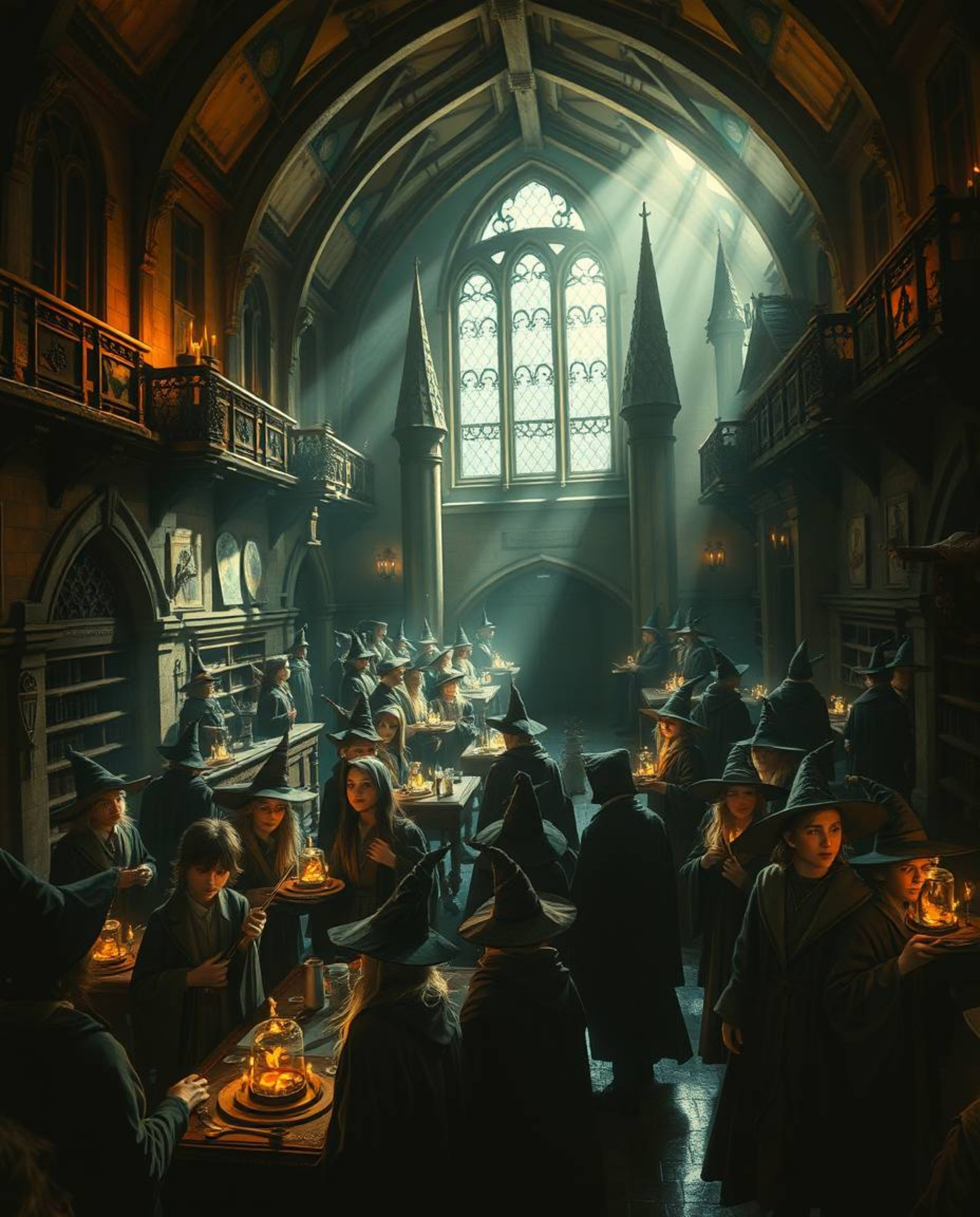 Explore a magical school brimming with young wizards, rendered in striking chiaroscuro lighting.  Experience the dramatic moo