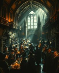 Explore a magical school brimming with young wizards, rendered in striking chiaroscuro lighting.  Experience the dramatic moo