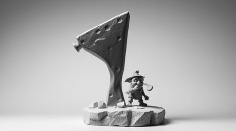 This timeless black and white clay sculpture depicts a dramatic scene: an anvil poised to fall on a trickster character. Mode