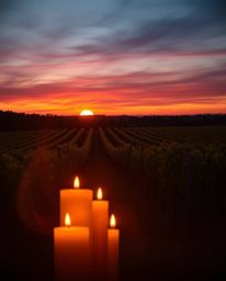 This dreamy photograph captures a serene sunset over a vineyard, distinguished by the warm glow of candlelight. The scene is 