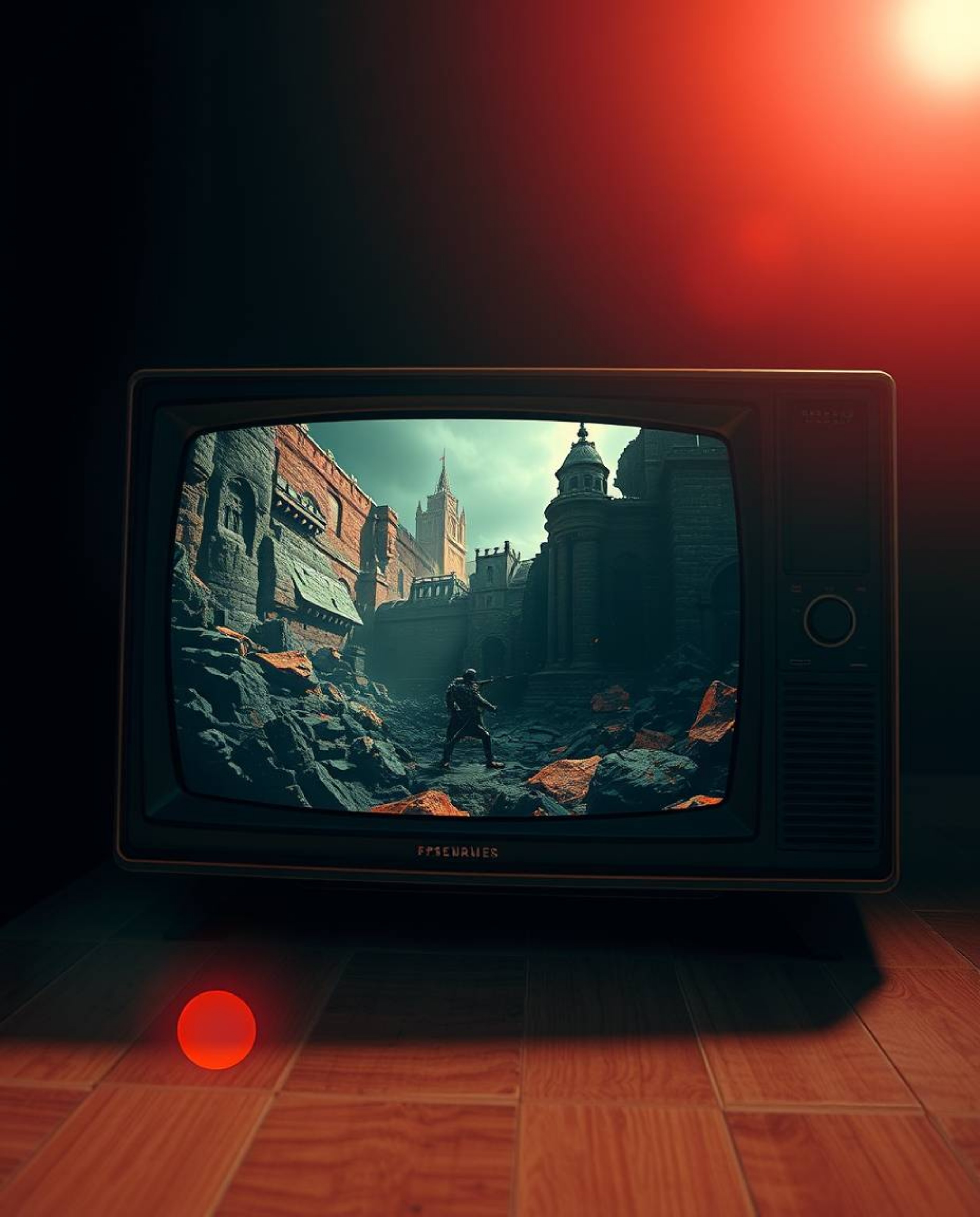 A captivating image depicting an epic scene on a retro-styled TV screen, disrupted by glitch static.  The artwork features RG