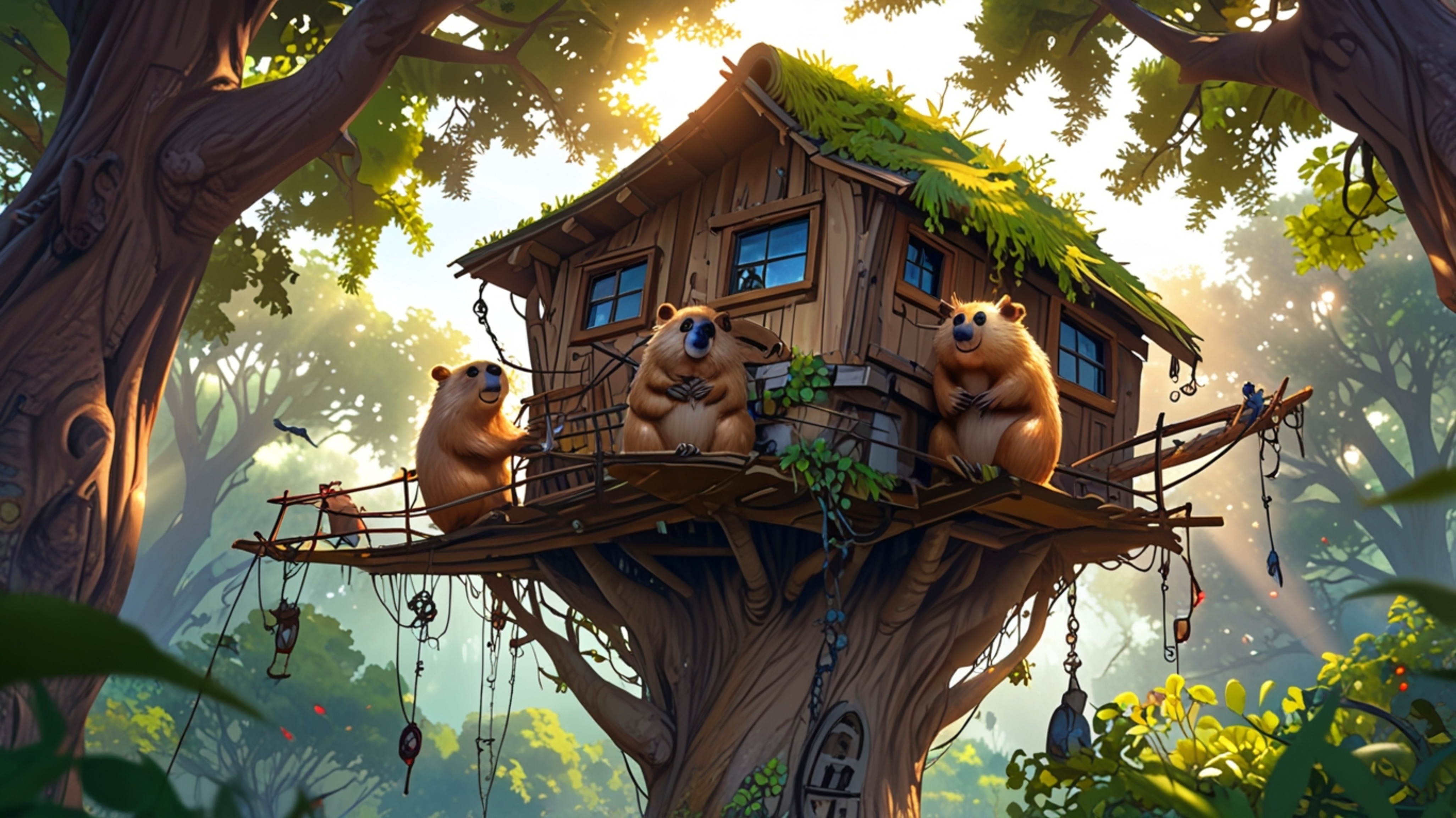 In a whimsical scene that blends the styles of Pixar and anime, a beaver is depicted building the perfect treehouse for orpha