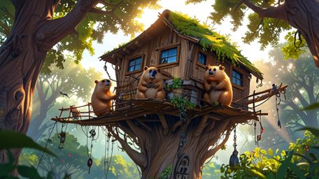 In a whimsical scene that blends the styles of Pixar and anime, a beaver is depicted building the perfect treehouse for orpha
