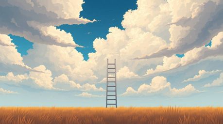 This evocative image captures a minimalist scene featuring a silver ladder standing alone in an open field beneath a vast, cl