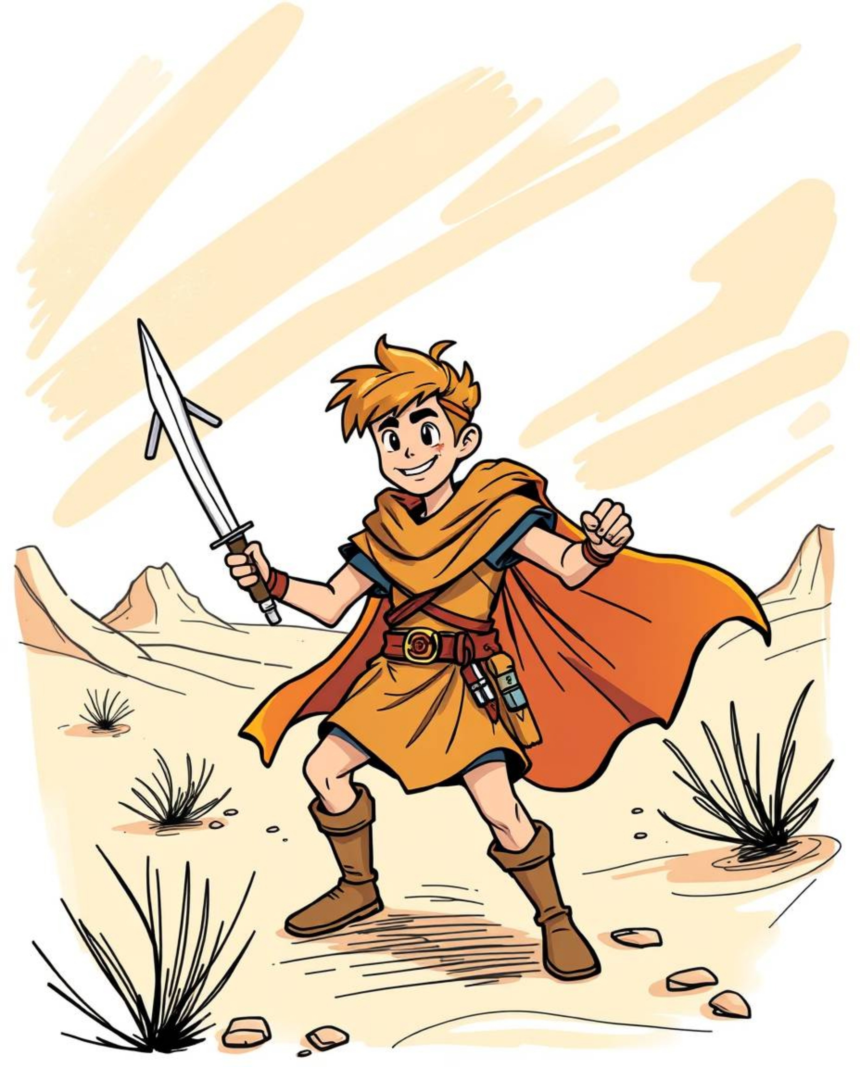 A brave hero embarks on a vibrant desert adventure, rendered in a captivating hand-drawn sketch style reminiscent of classic 