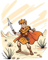 A brave hero embarks on a vibrant desert adventure, rendered in a captivating hand-drawn sketch style reminiscent of classic 