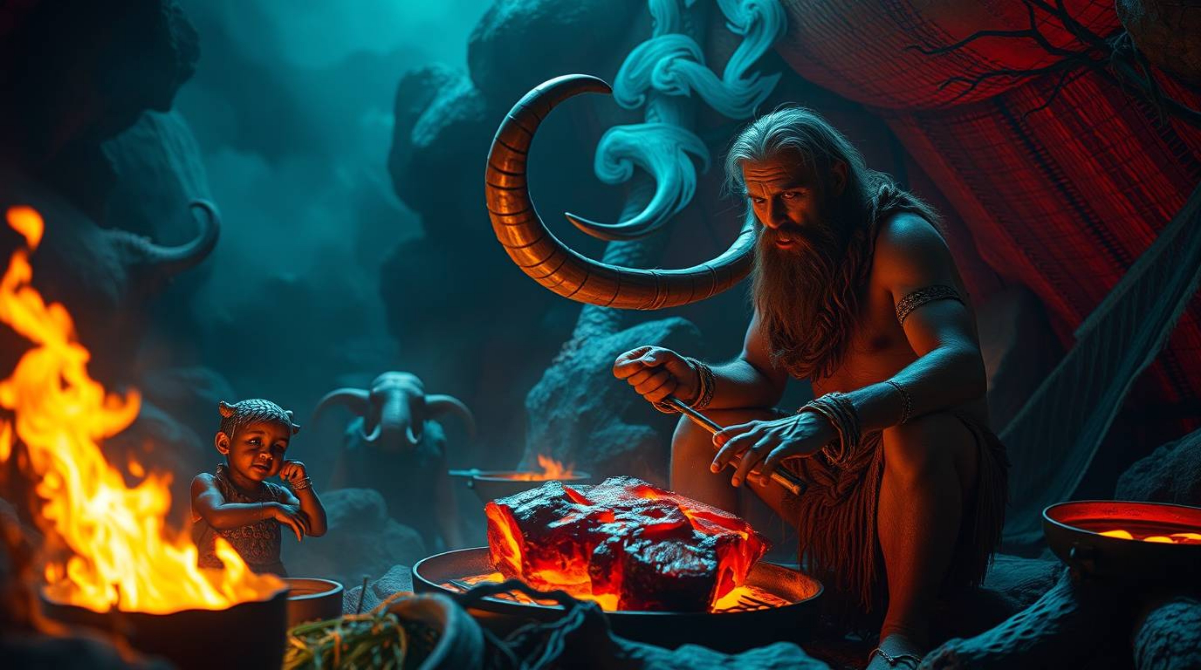 Explore a dreamlike and surreal image depicting a caveman cooking mammoth meat in a bizarre setting. The scene glows with bio