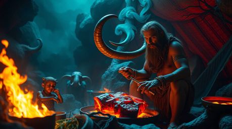 Explore a dreamlike and surreal image depicting a caveman cooking mammoth meat in a bizarre setting. The scene glows with bio