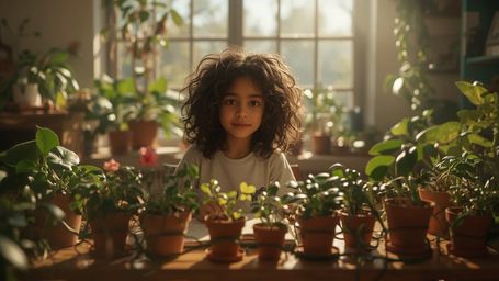In a warmly lit, cinematic photograph, a bright-eyed, curly-haired young homeschooled genius with a gentle smile sits at a cl
