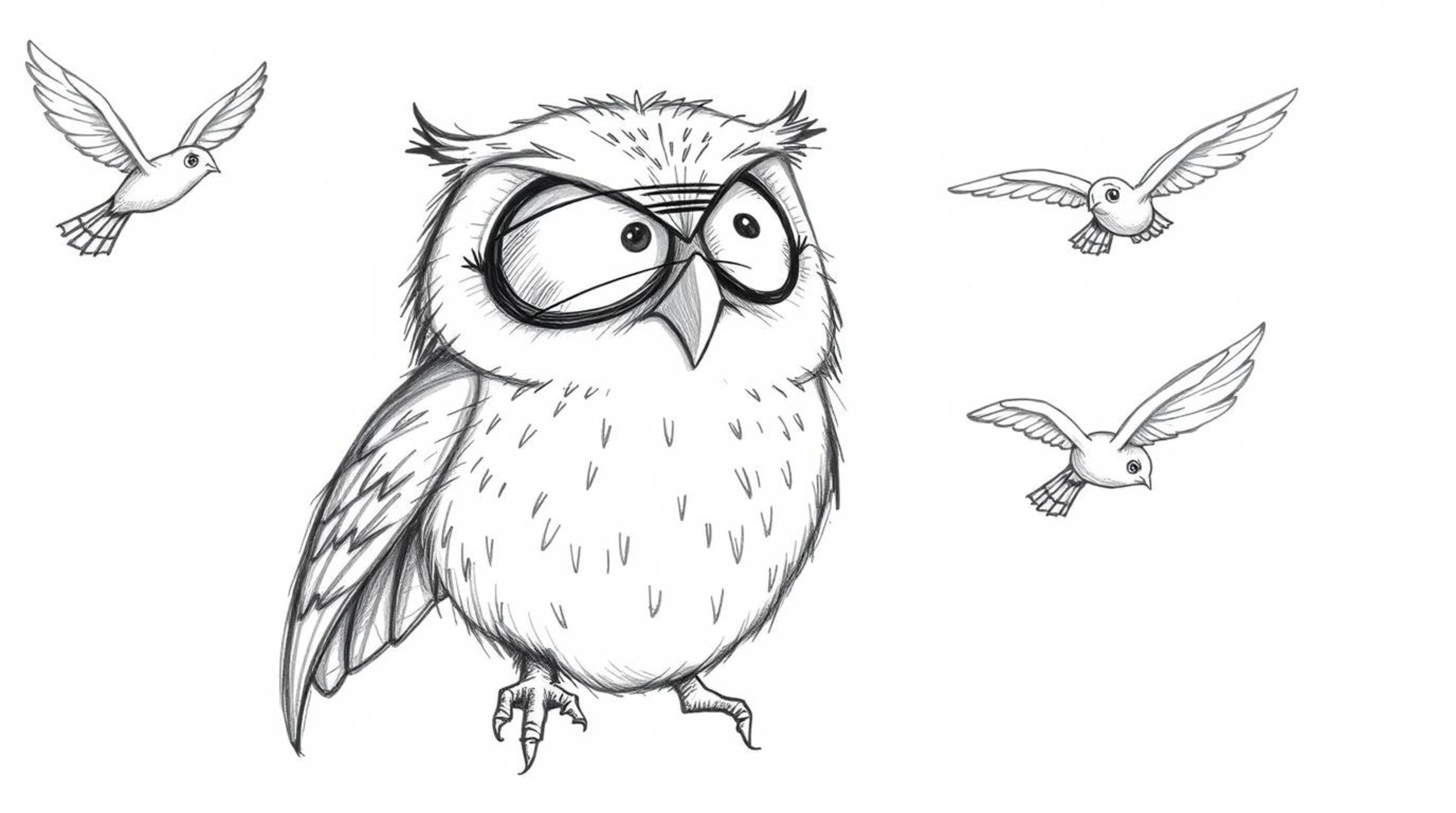 A charming Pixar-style hand-drawn sketch depicts a blind owl with an expressive, slightly downturned beak, guiding birds in f