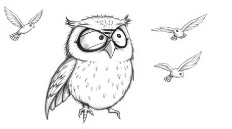 A charming Pixar-style hand-drawn sketch depicts a blind owl with an expressive, slightly downturned beak, guiding birds in f