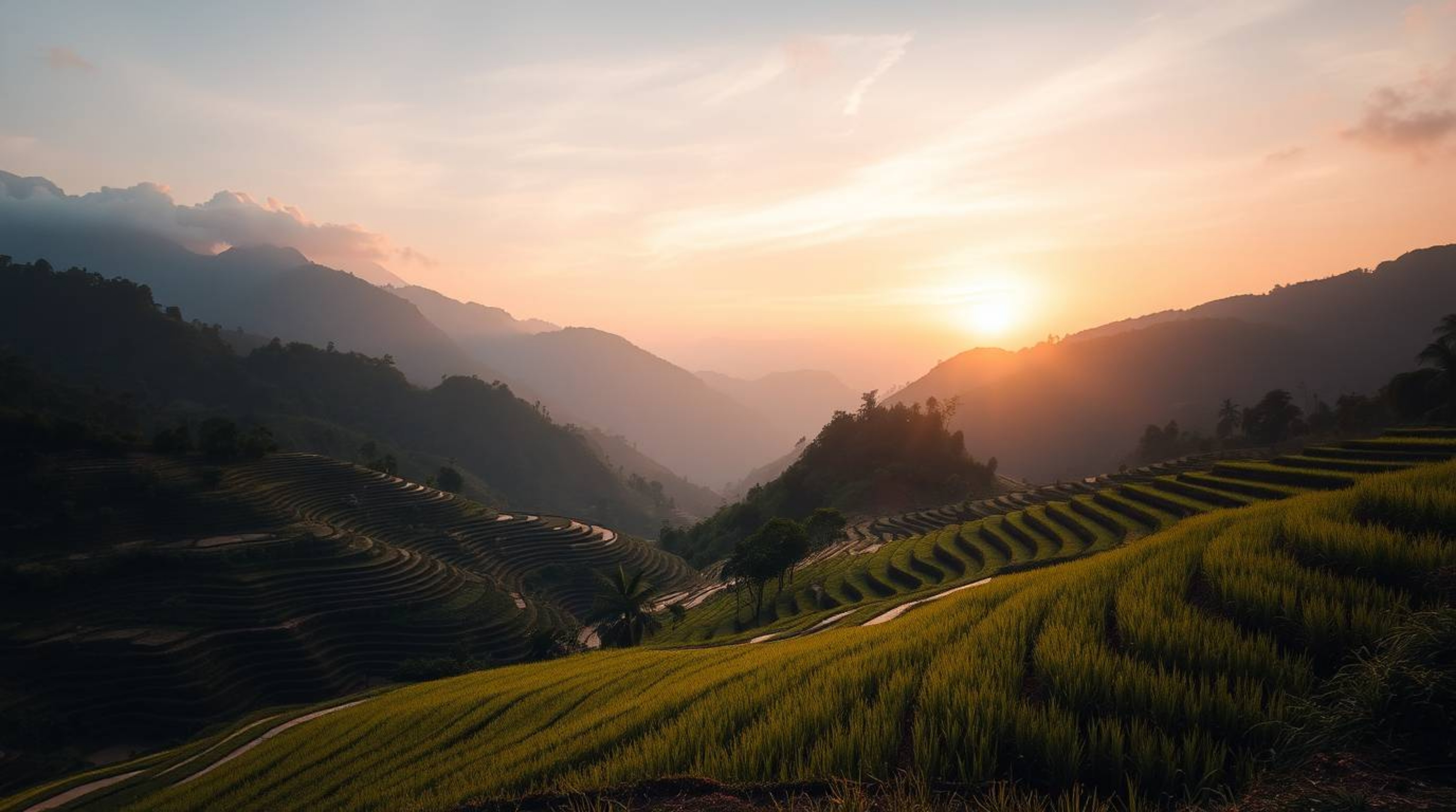 Experience the breathtaking beauty of a sunset over stunning rice terraces nestled in the mountains.  Rendered in soft pastel