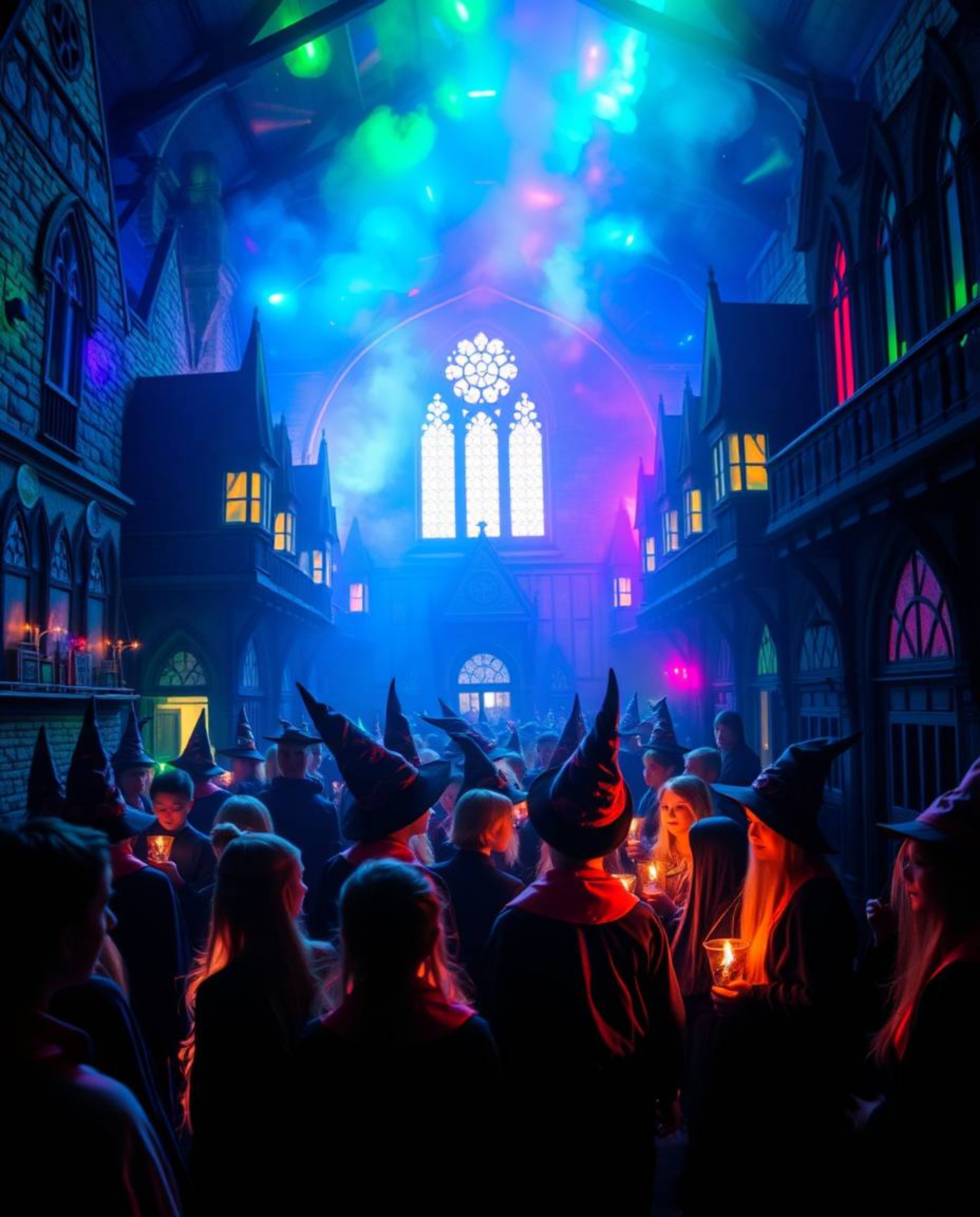 Step into a magical school where bright, vibrant colors and glowing bioluminescent hues bathe the halls, illuminating a livel