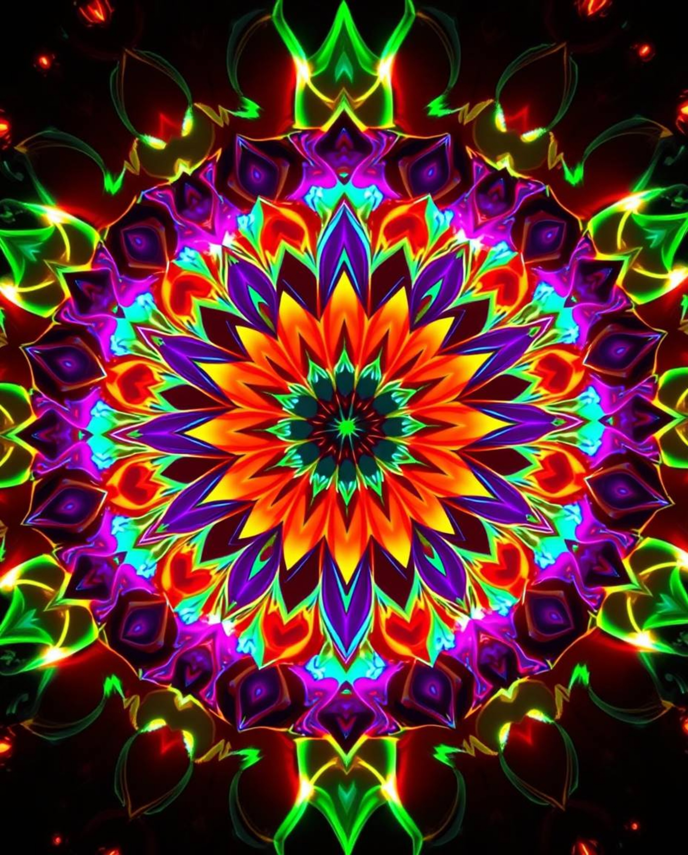 A breathtaking geometric floral mandala explodes in vibrant, bioluminescent colors.  Its massive scale and symmetric design c