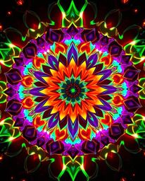 A breathtaking geometric floral mandala explodes in vibrant, bioluminescent colors.  Its massive scale and symmetric design c