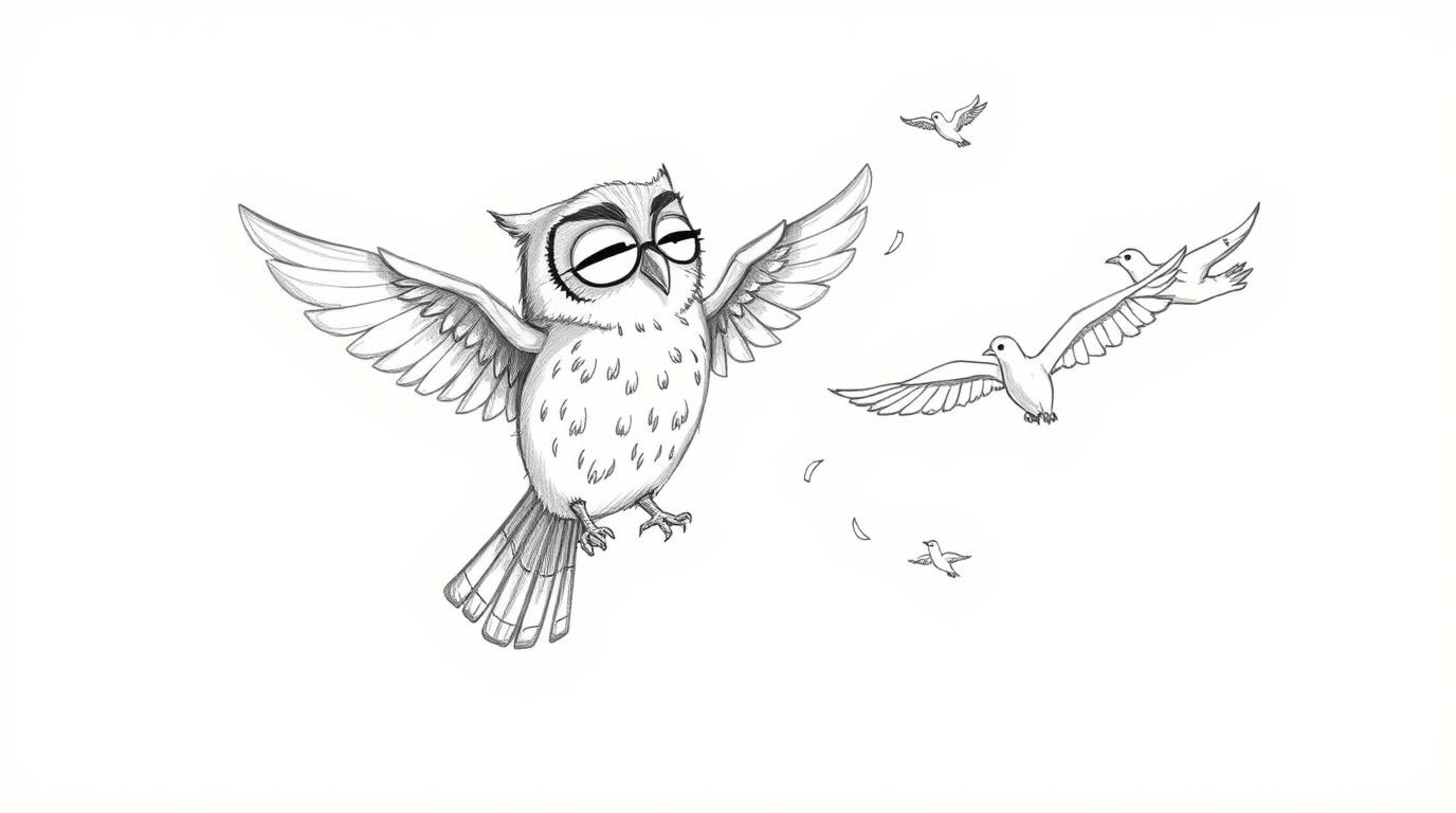 A charming Pixar-style hand-drawn sketch depicts a blind owl with slightly ruffled feathers patiently teaching birds to fly. 