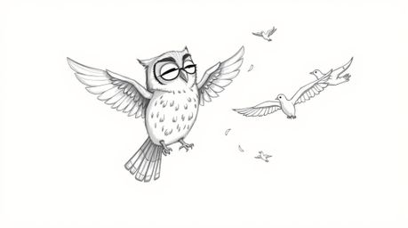 A charming Pixar-style hand-drawn sketch depicts a blind owl with slightly ruffled feathers patiently teaching birds to fly. 