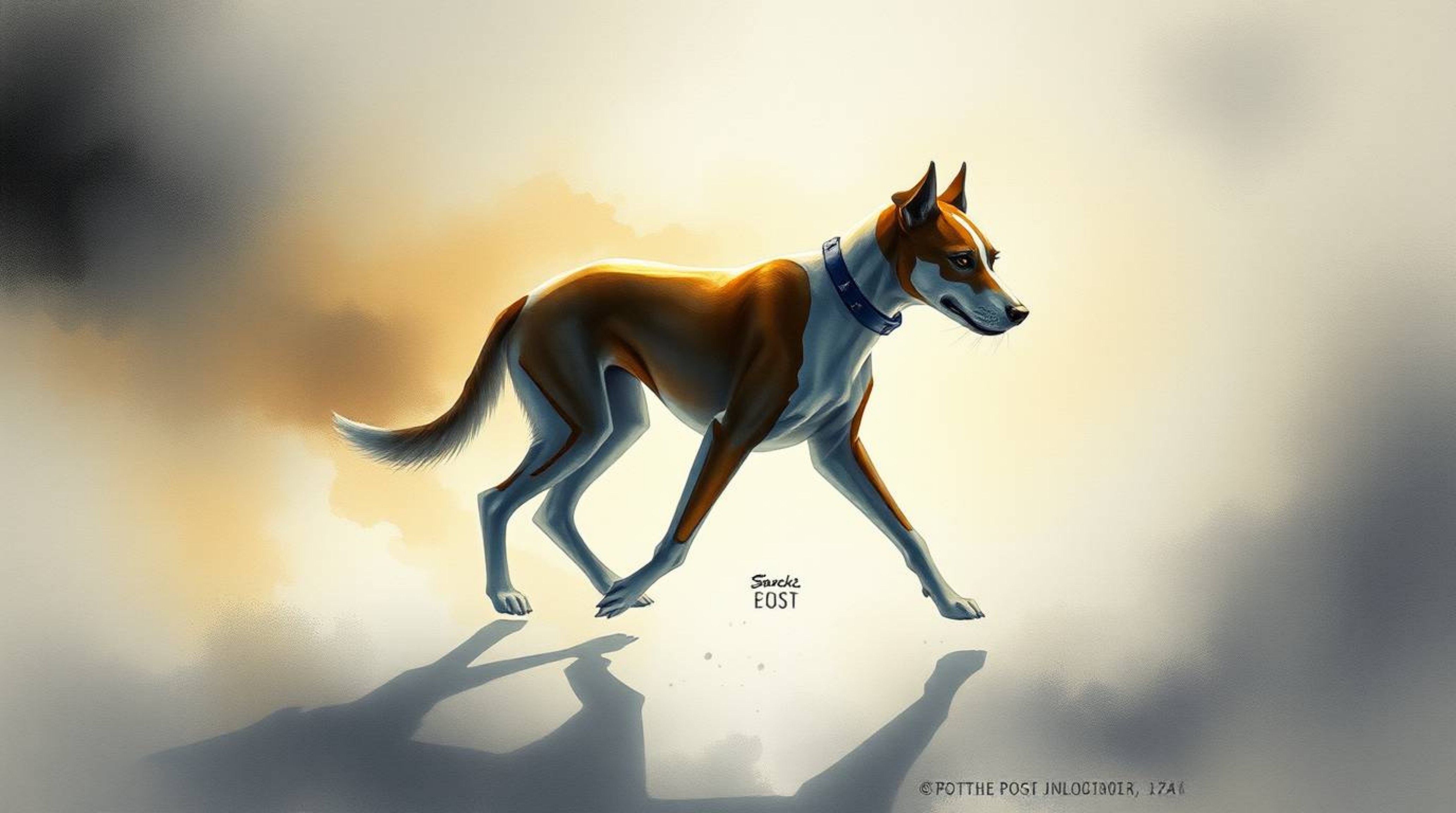 A whimsical and surreal depiction of a futuristic dog taking itself for a walk in the vast expanse of space. Rendered in a de
