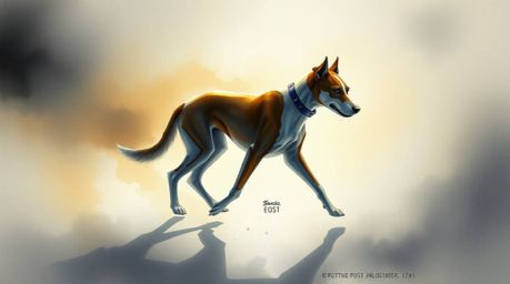 A whimsical and surreal depiction of a futuristic dog taking itself for a walk in the vast expanse of space. Rendered in a de