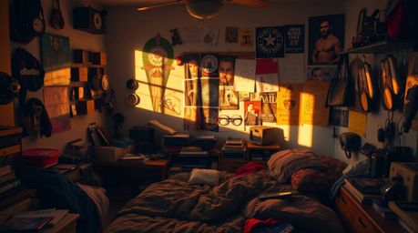 A visually striking depiction of a messy bedroom filled with curious gadgets and posters, bathed in the warm, inviting glow o