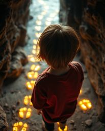 A captivating high-angle perspective captures a child with reddish-brown hair embarking on an enchanting journey into a cave,