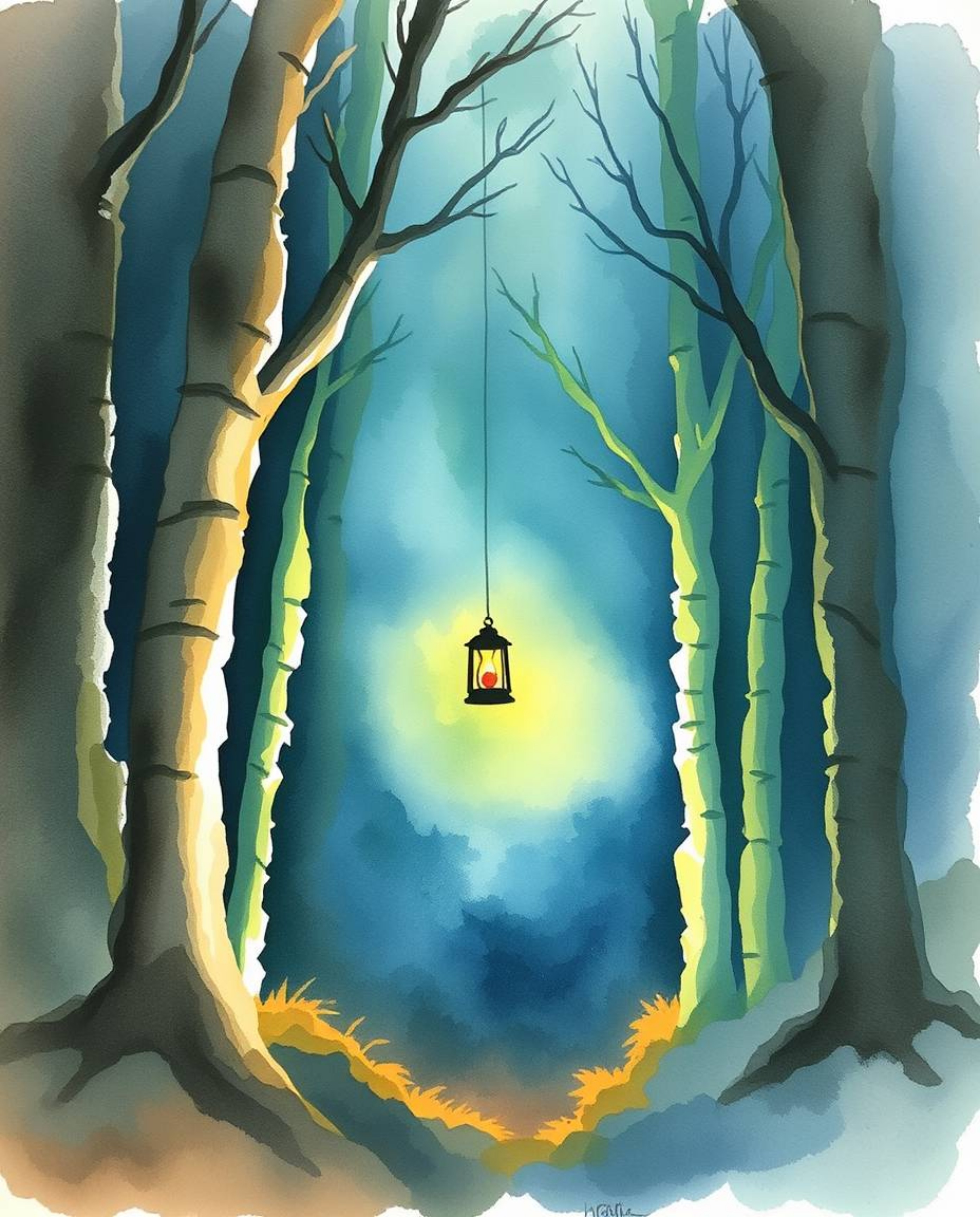 A captivating watercolor painting depicts a glowing lantern in a dark, mysterious forest.  The artwork showcases translucent 