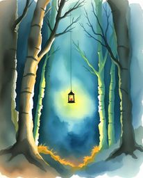 A captivating watercolor painting depicts a glowing lantern in a dark, mysterious forest.  The artwork showcases translucent 