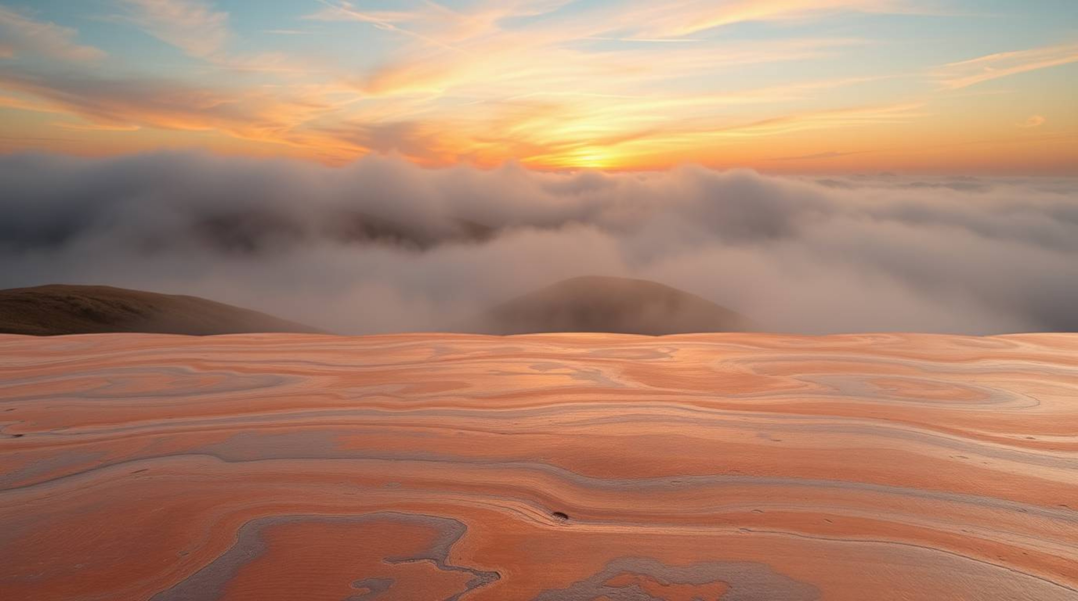 A digital rendering capturing the serene beauty of fog-covered hills at sunset. The image evokes the appearance of a cast bro