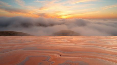 A digital rendering capturing the serene beauty of fog-covered hills at sunset. The image evokes the appearance of a cast bro