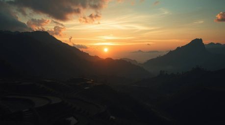 A futuristic sci-fi photograph depicting an eerie and creepy atmosphere of a sunset over rice terraces in the mountains. Feat
