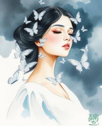 A captivating watercolor painting depicts a graceful girl with delicate features releasing translucent butterflies into a sto