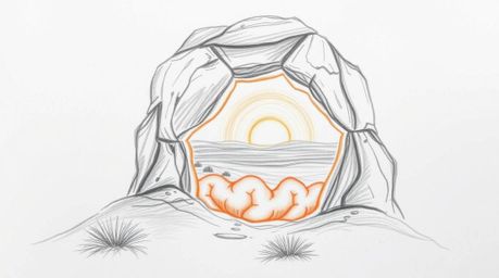 A hand-drawn sketch capturing a desert sunset viewed through a natural rock arch, imbued with an ethereal and spiritual vibe.