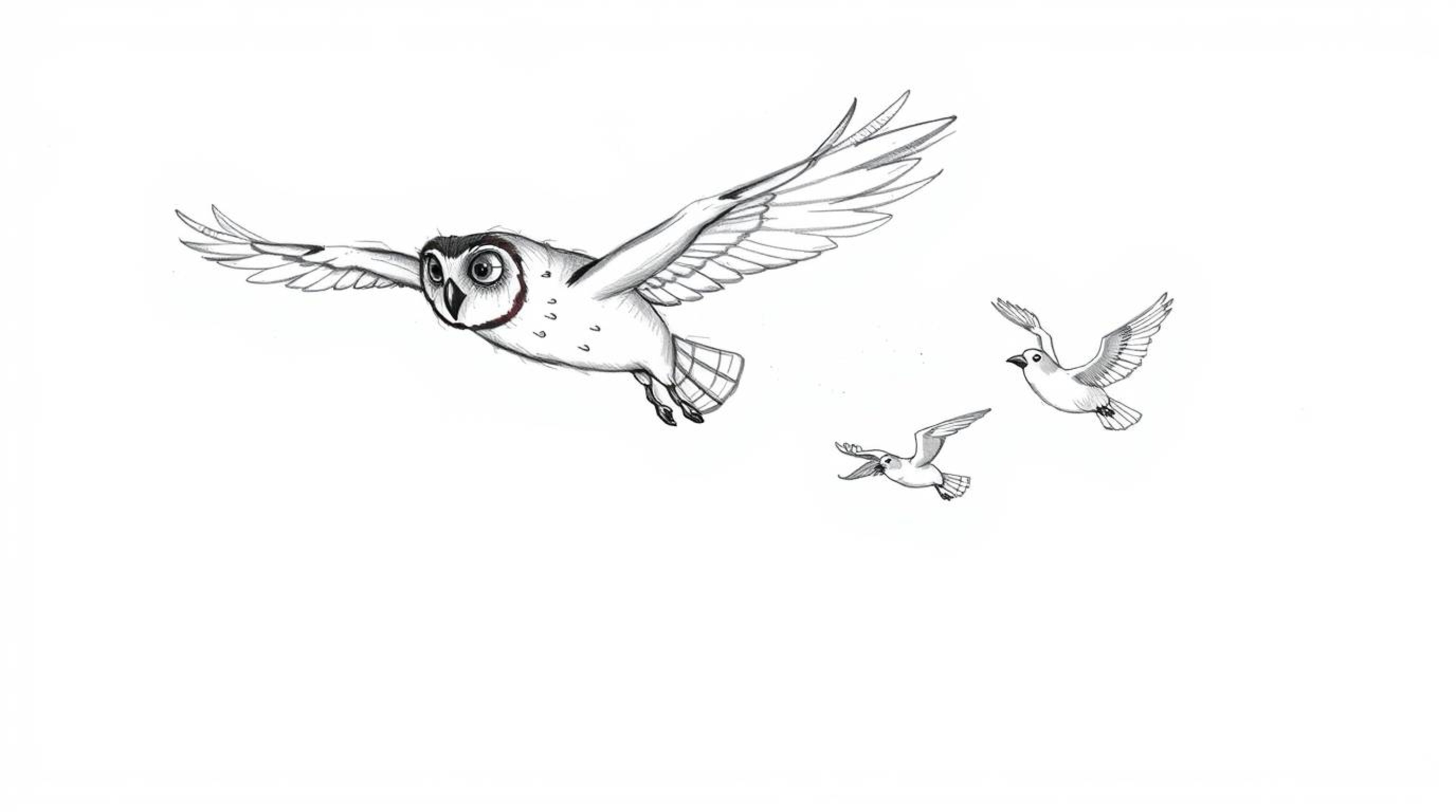 A hand-drawn sketch reminiscent of Pixar animation, portrays a blind owl in mid-flight, guiding a group of birds as they lear