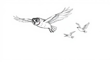 A hand-drawn sketch reminiscent of Pixar animation, portrays a blind owl in mid-flight, guiding a group of birds as they lear