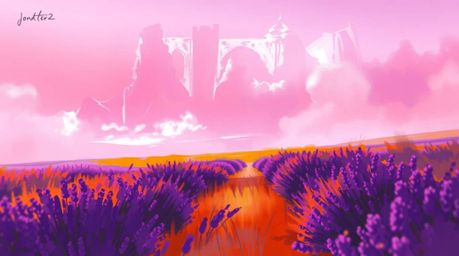 A digital sketch showcasing lavender fields glowing under a dreamy pink sky, rendered in a painterly style with loose strokes