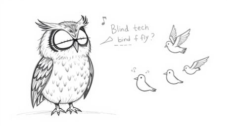 A whimsical hand-drawn sketch in the style of Pixar depicts a blind owl with textured pencil strokes, giving advice to birds 