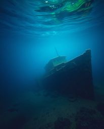 Explore a captivating underwater world with this stunning photograph of a shipwreck. The image showcases a seamless gradient 