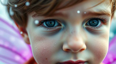 A captivating extreme macro photograph showcases a young boy with fair skin, seemingly floating above London with shimmering 