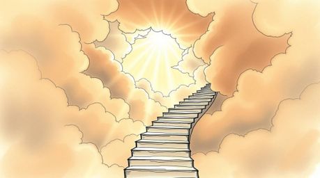 A captivating hand-drawn sketchnote depicts a surreal stairway ascending through smoky clouds towards a radiant celestial lig