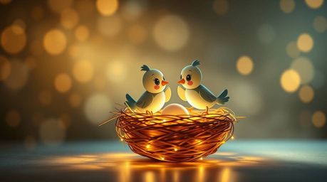 A captivating piece of creative light art showcases two adorable cartoon birds diligently constructing their nest.  Rendered 