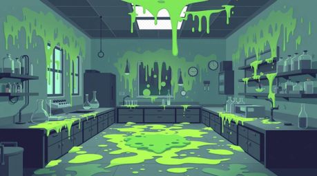 Explore a modern, flat-designed science lab overrun with slime, presented in high contrast with low-key lighting. The simple 