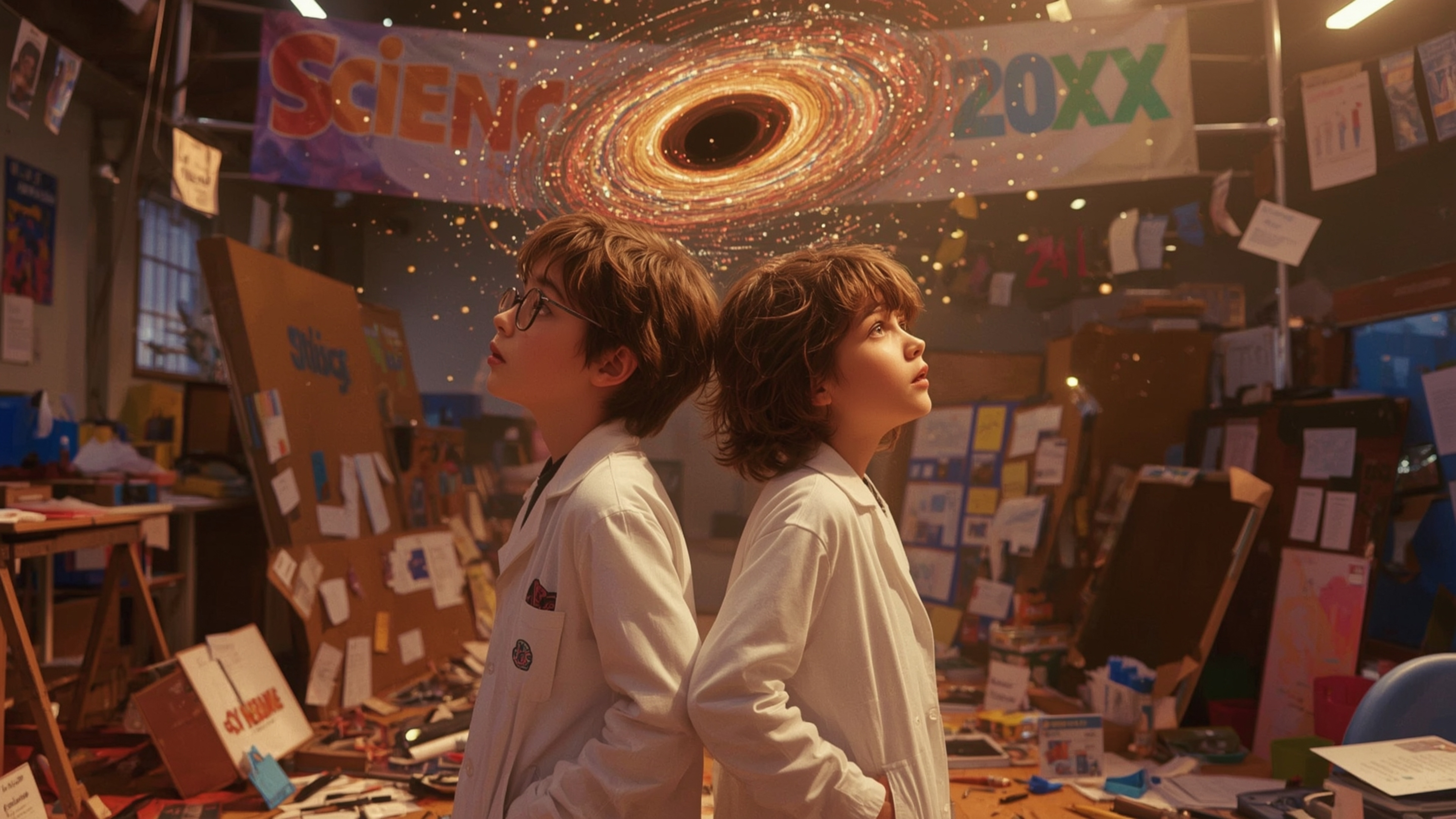 In a vibrant, cinematic photograph rendered in a hyper-realistic, Pixar-inspired style, a dynamic science fair duo unwittingl